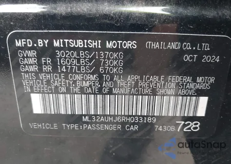 2024 Mitsubishi Mirage Es/Le from USA, damaged, VIN ML32AUHJ6RH033189